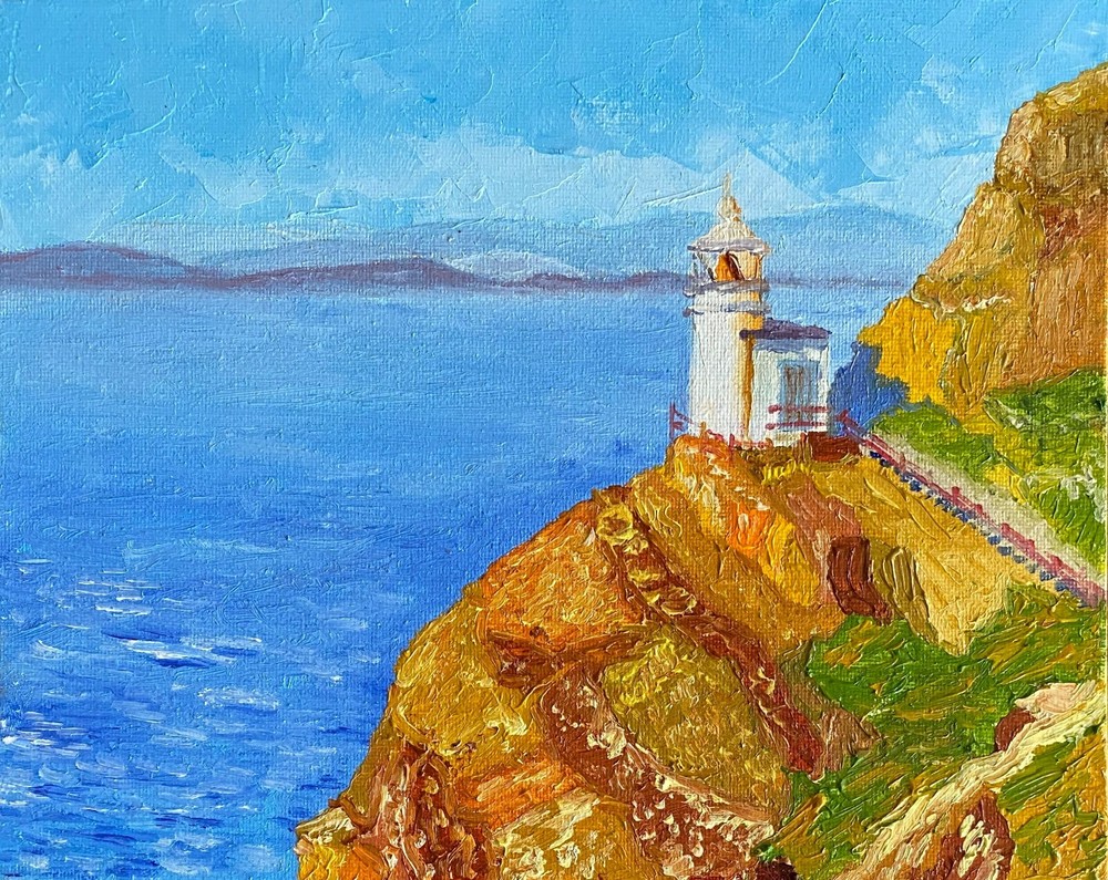 Beautiful Painting on canvas original. Oil. Lighthouse. Seascape Impressionist