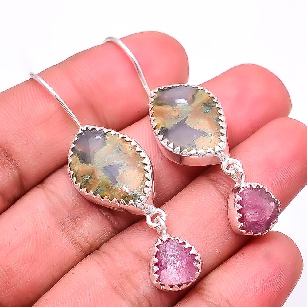 Rainforest Jasper, Rough Pink Tourmaline 925 Sterling Silver Earring 2.03