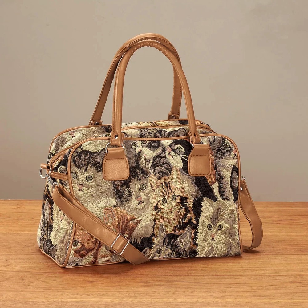 Cats Tapestry Barrel Handbag with Shoulder Strap New