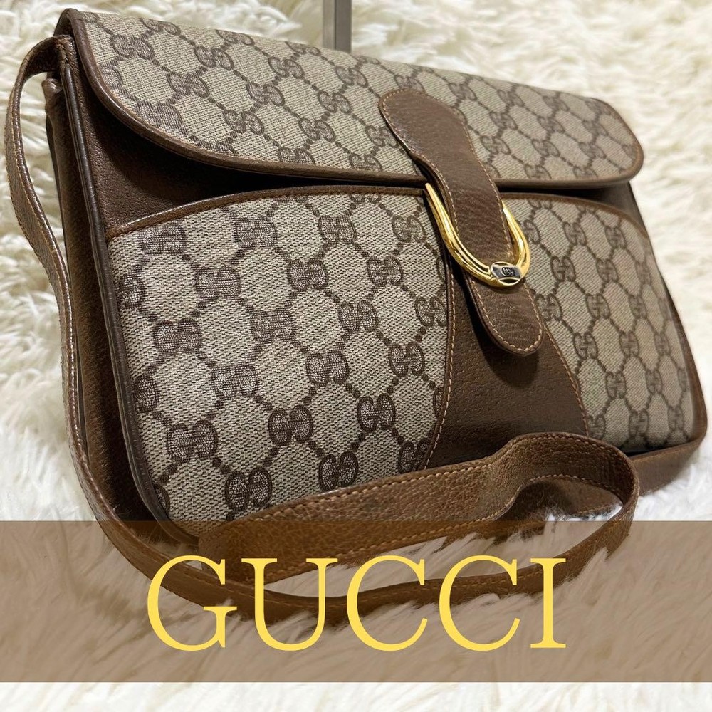 Vintage Gucci GG Leather Shoulder Pochette Bag Gold Rare Pre-Owned