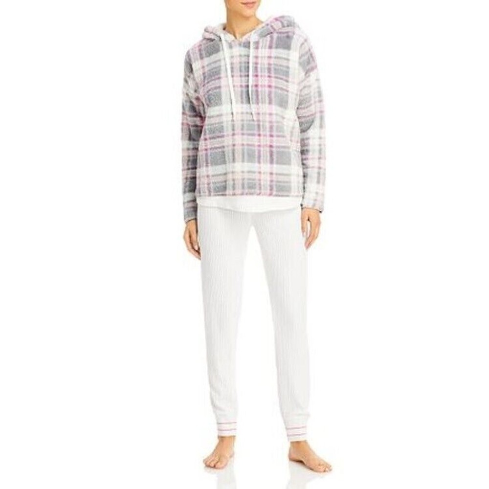 Aqua Womens Pastel Plaid Fleece Hoodie & Thermal Jogger Lounge Set Size L