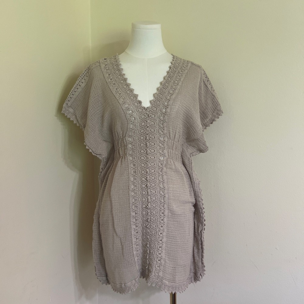 Seaspice Resort Wear Peruvian Cotton Crochet Cover Up Dress Taupe Beige Small