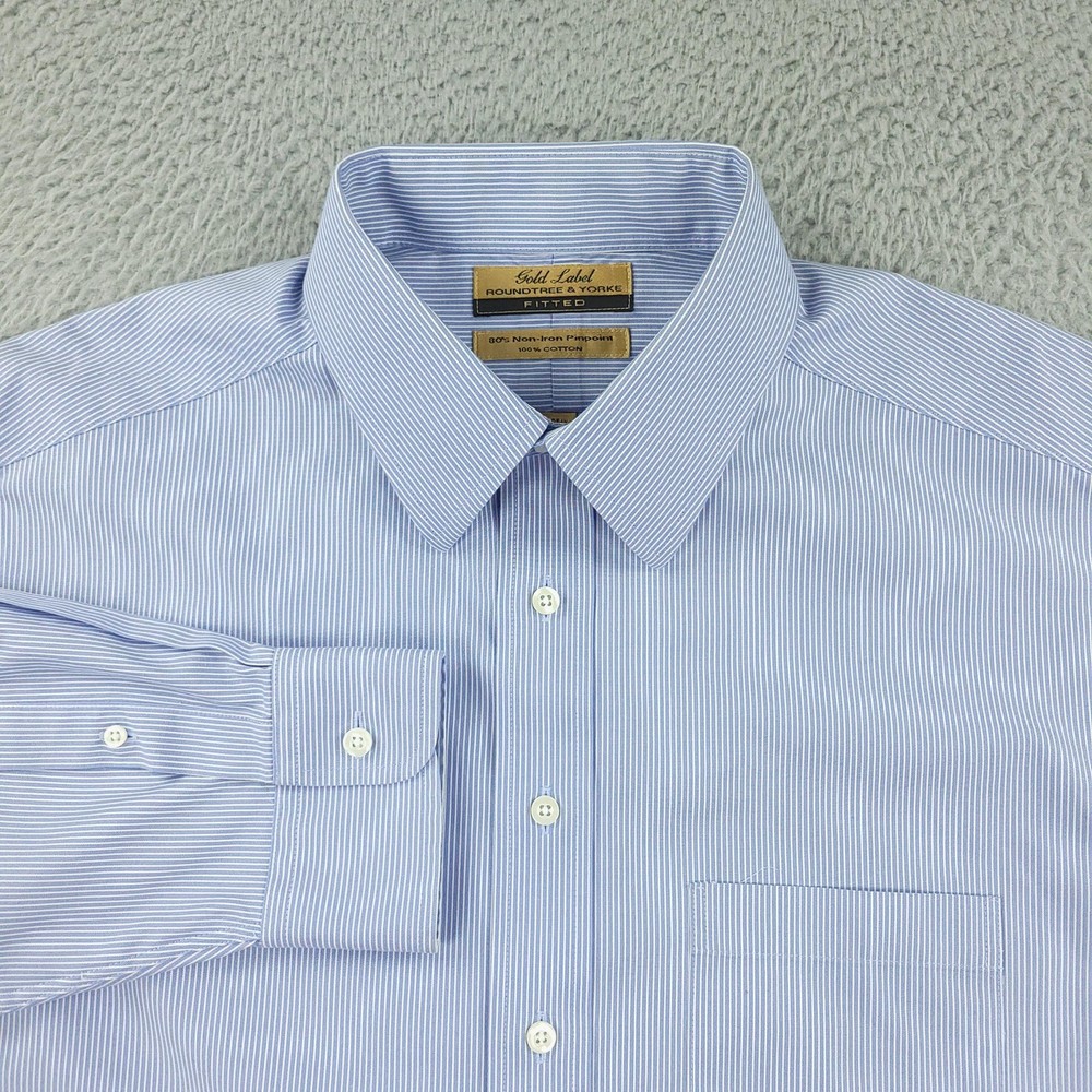 Roundtree & Yorke Gold Label Shirt Mens 16.5 Blue Stripe Fitted Business Office