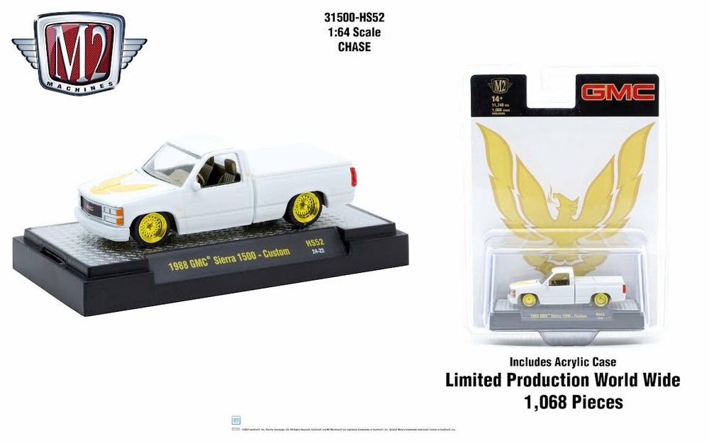Chase 1988 GMC SIERRA 1500 CUSTOM PICKUP WHITE 1/64 DIECAST BY M2 31500-HS52