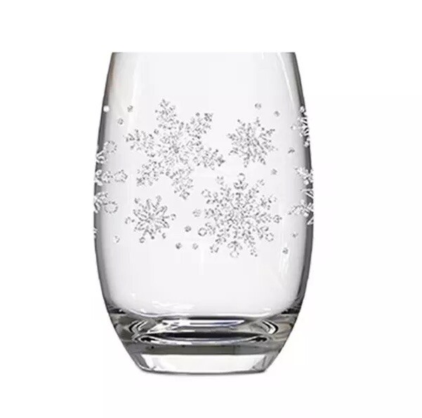 Festive 15 oz Glitter Snowflakes Stemless Wine Glass Pair Holiday Set