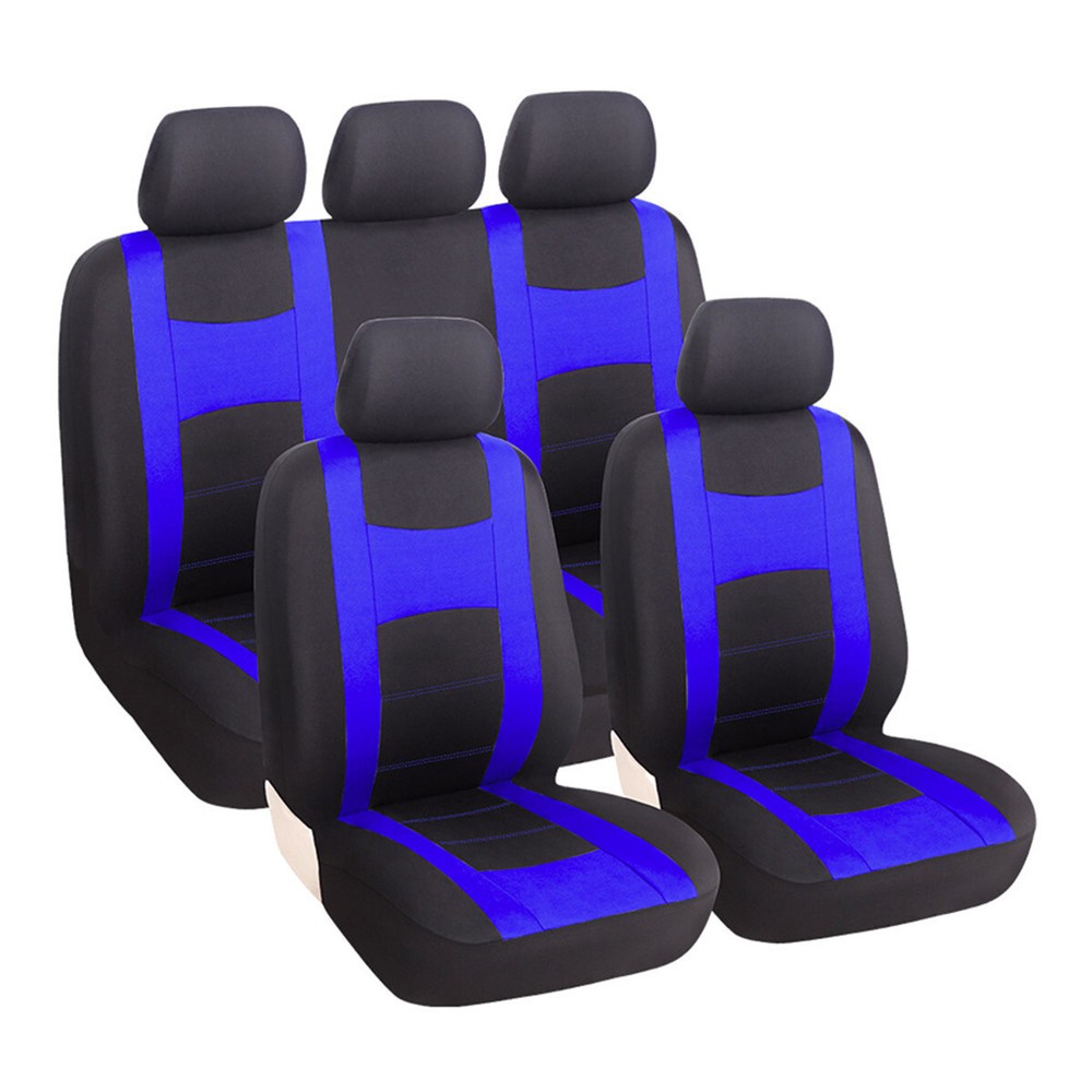 Car Seat Cover Full Set Front Rear Cushion Protector Blue Polyester Fabric 9Pcs