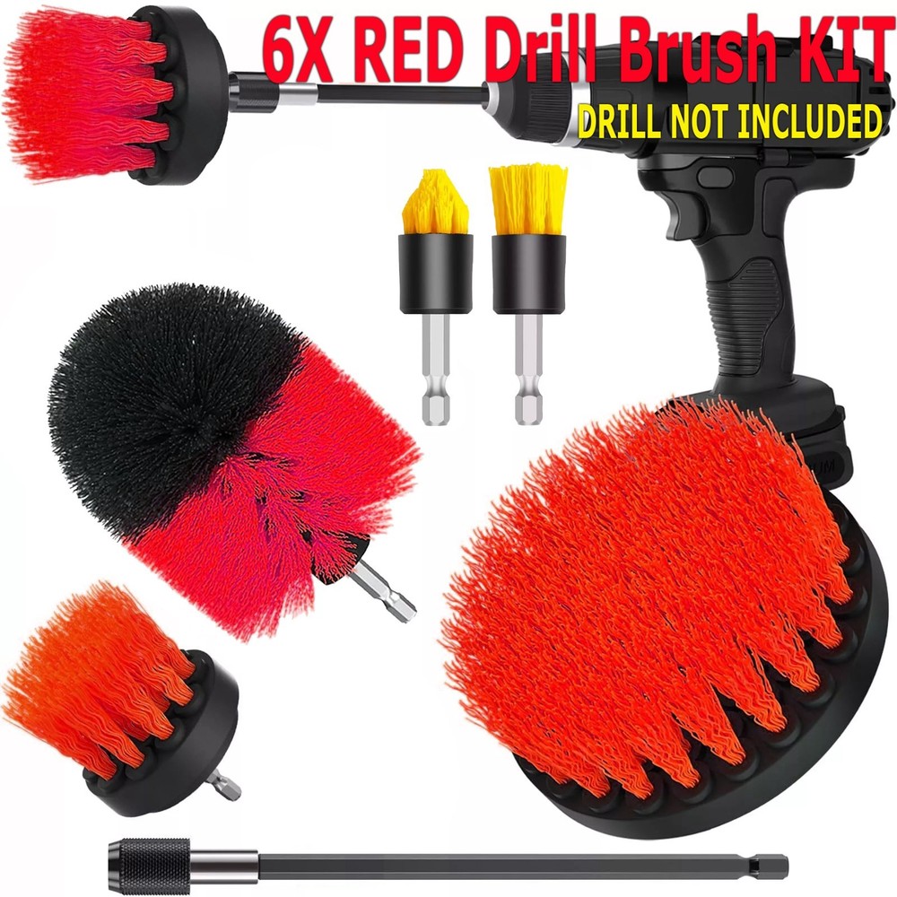 Red 6 Pack Drill Brush Attachment Scrubber Brushes Set Kit with Bit Extension