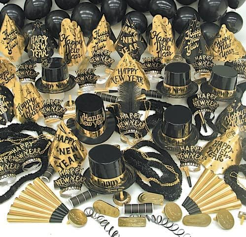 New Years Eve Party Supplies, 352 Pieces, Black and Gold Top Hats Tiaras Bead Ne-image