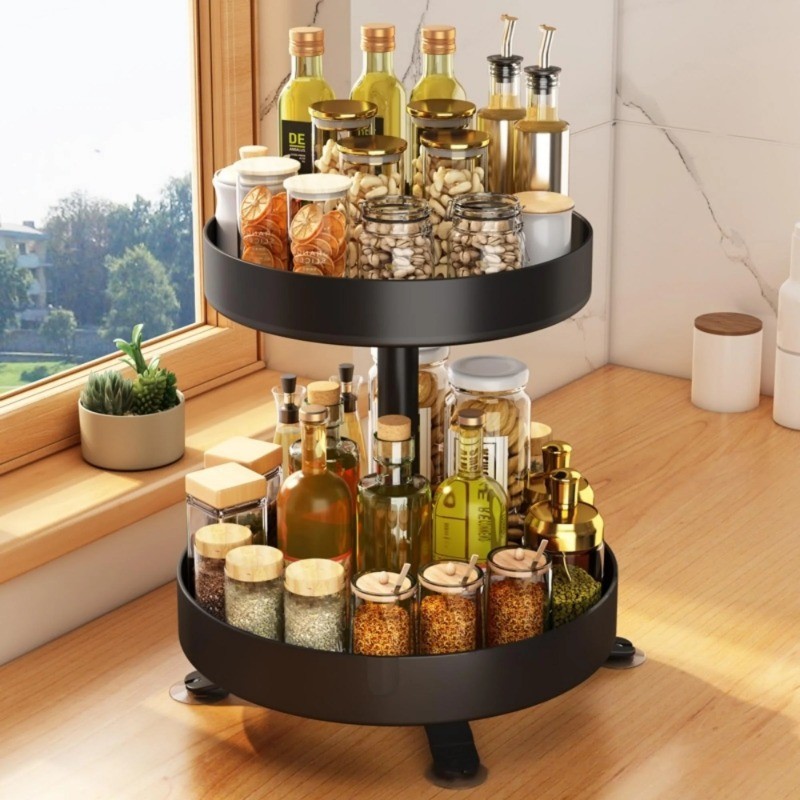 2 Tier Spinning Spice Rack Organizer - 10 Inch Black Kitchen Counter Storage