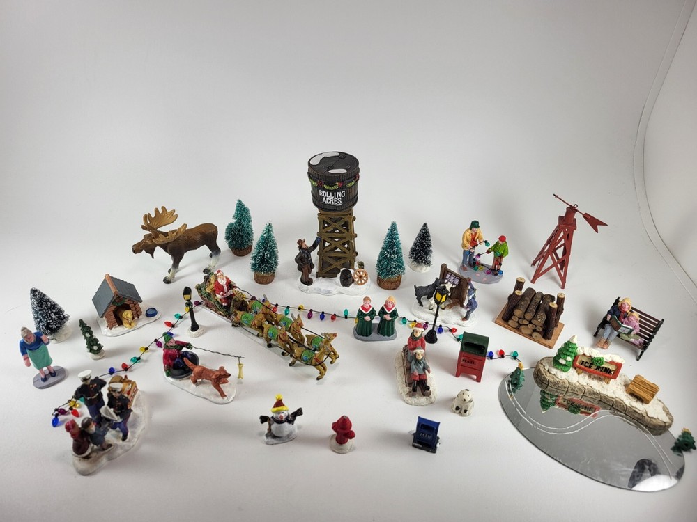 32-Piece Christmas Village Set with Santa, Trees, Dog, Mailbox & Ice Rink Figures