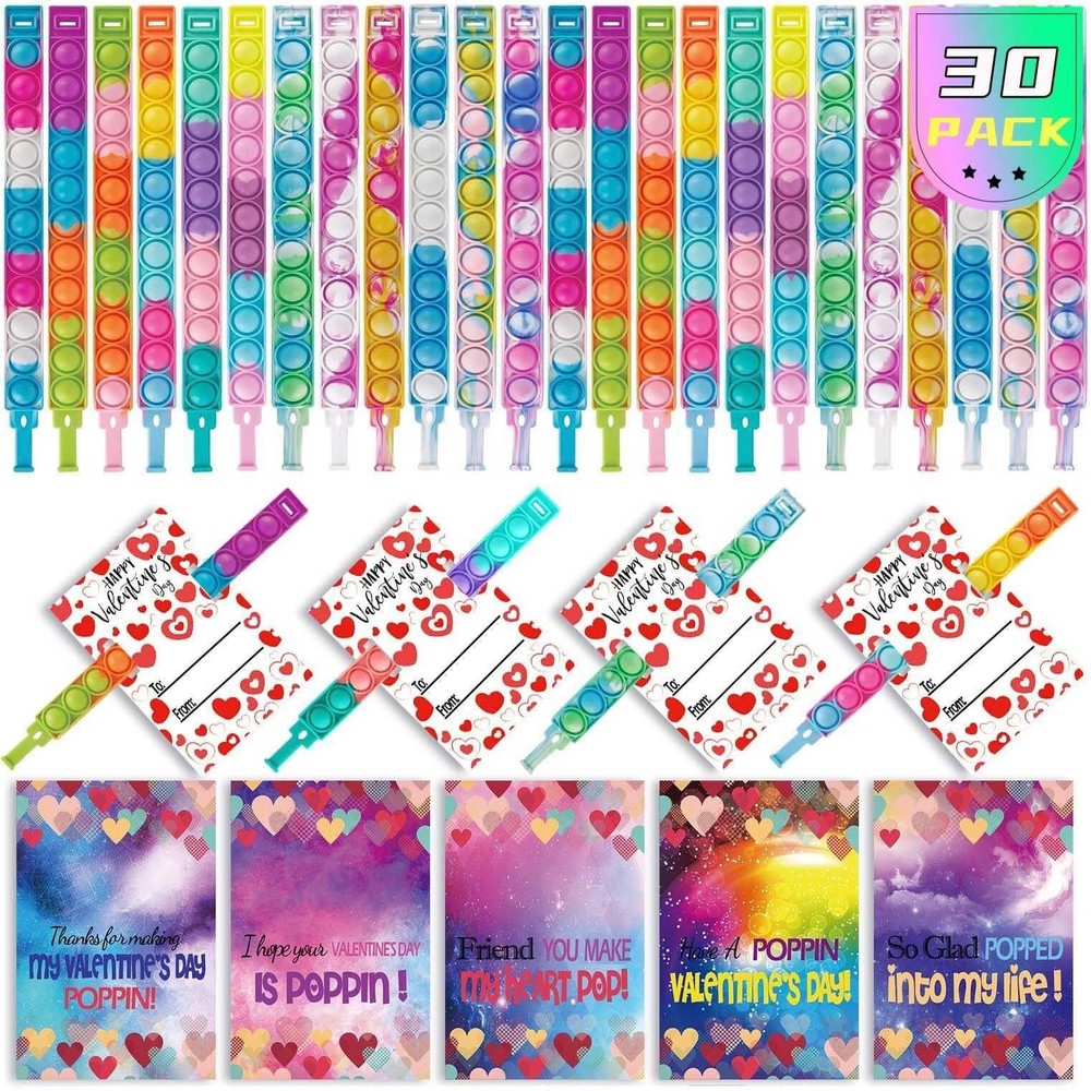 30-Pack Valentines Day Pop Fidget Bracelet Cards for Kids Classroom Exchange