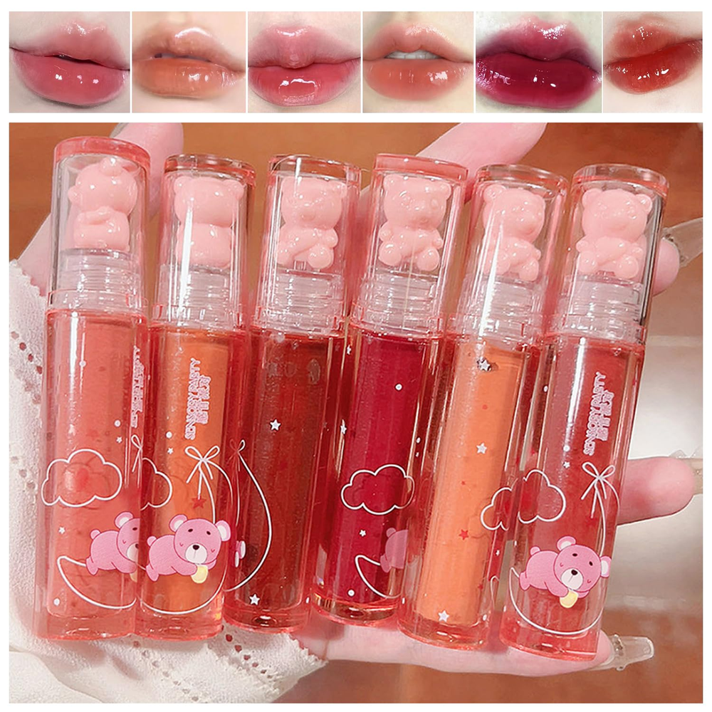 6-Color Bear Lip Gloss Set - Jelly Glaze & Waterproof Lip Stain