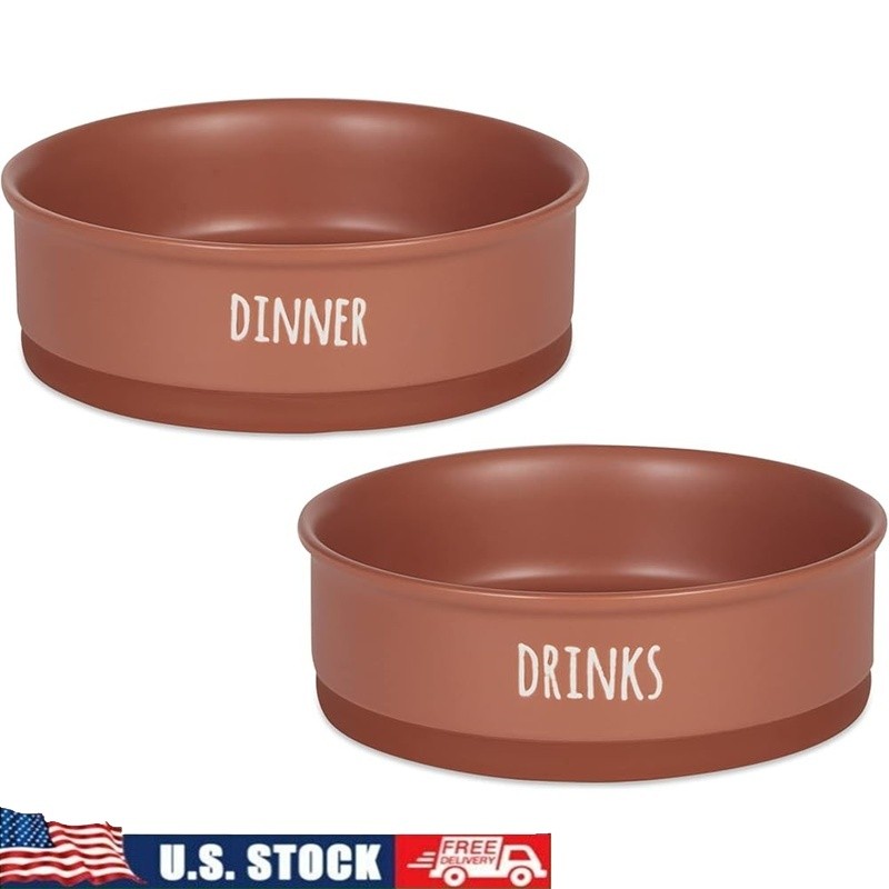 Ceramic Pet Bowls Set of 2 Non-Skid Dishwasher Microwave Safe Food Water Dish US