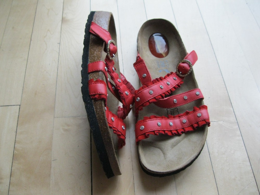 Birkenstock Betula Krystle Ruffle Rhinestone Studs Open Toe Sandals Red Women 11
