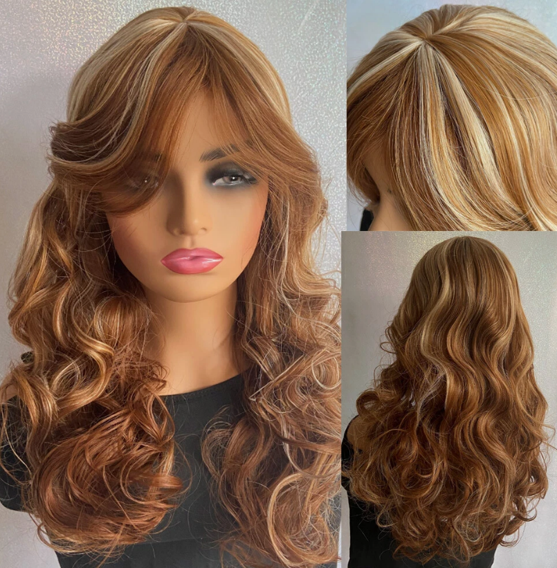 Fluffy Wavy Blonde Brown Auburn Mix Human Hair Heat-Friendly Wig