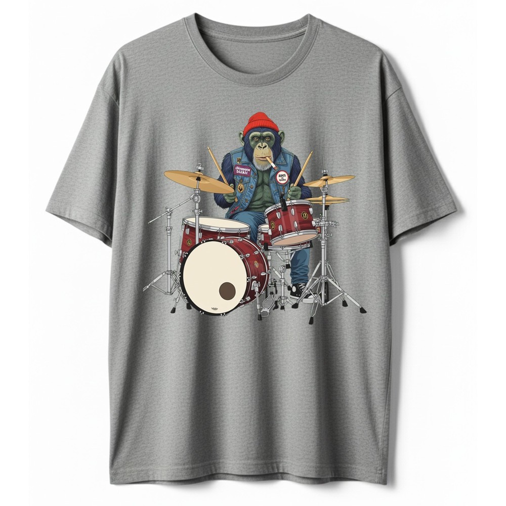 Chimp Playing Drum T-Shirt Funny Monkey Drummer Rock Band Musician Ape Tee
