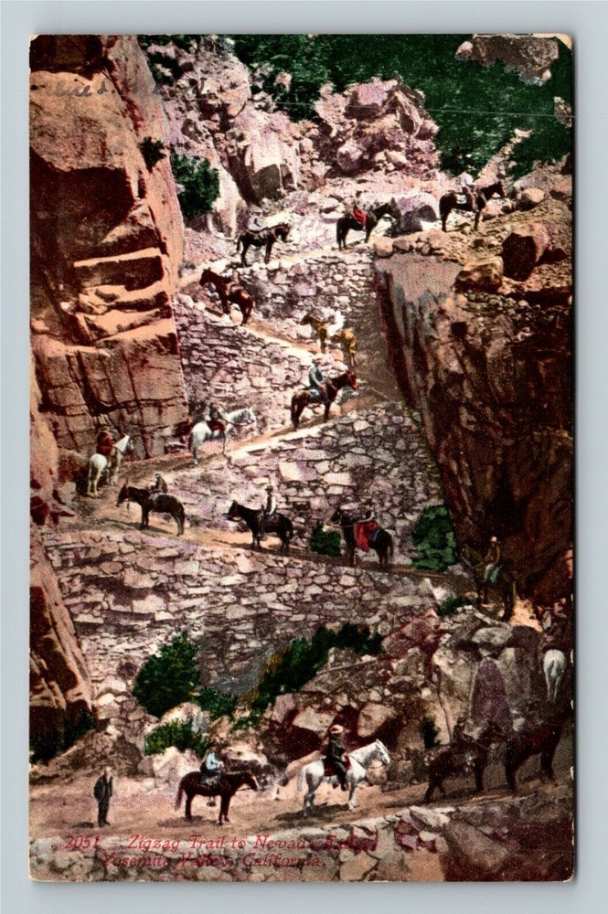Charming Vintage Yosemite Valley CA Zigzag Trail Horses and Riders Postcard