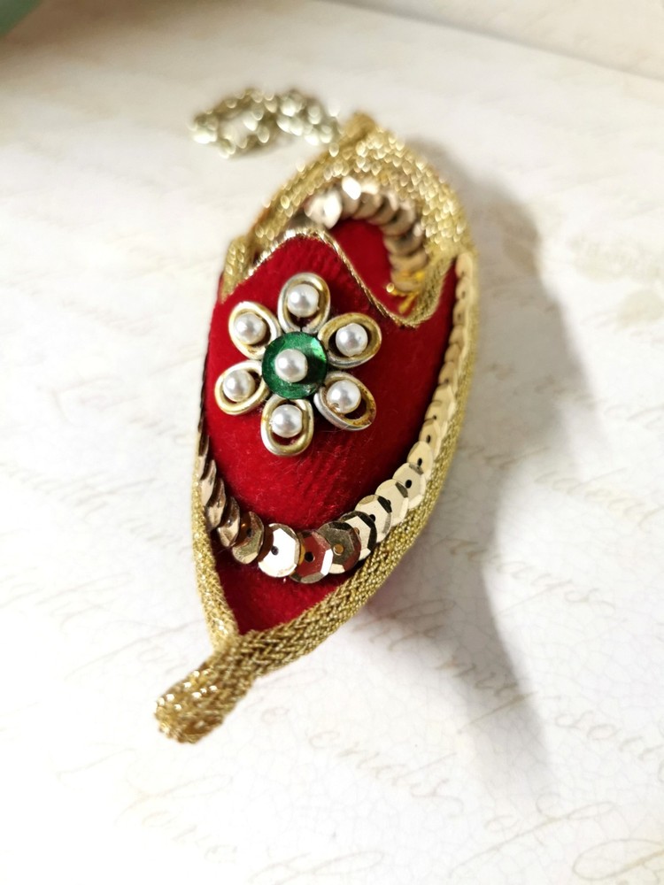 Genie Slipper Mini Hanging Ornament Red Velvet with Sequins Beads Handmade 4 Inch
