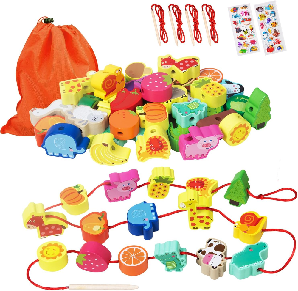 Montessori Wooden Lacing Beads Toy for Toddlers 3-5 Years Old Farm Animal Fine Motor Skill Activity
