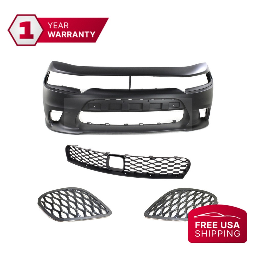 Front Bumper + Grille + Fog Light Covers For 2015-2022 Dodge Charger