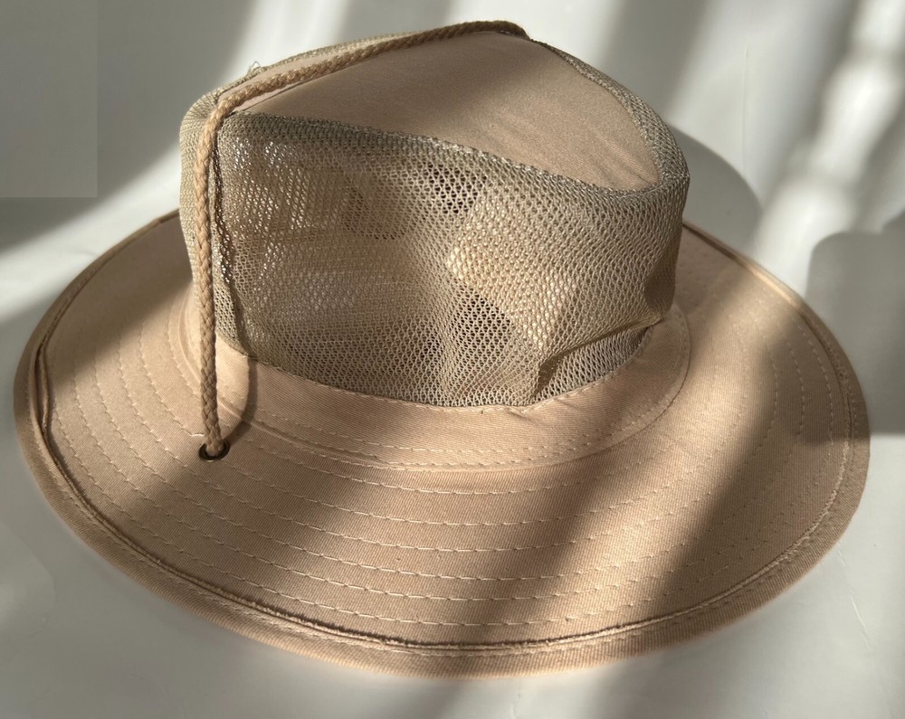 Men's Summer Hat/Sun Hat/ Boonie Hat, Beige, Mesh sides, Adjustable Chin Strap