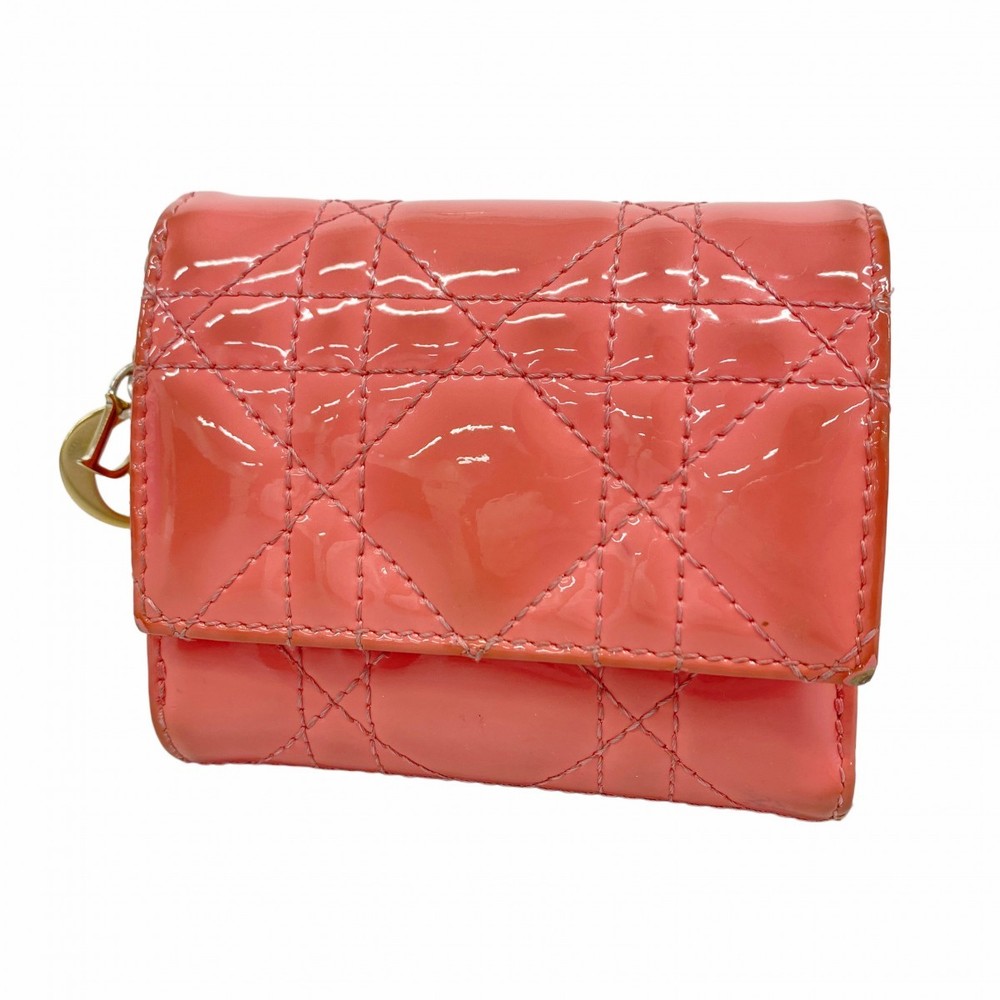 Y0713 Christian Dior Tri-Fold Wallet Pink Patent Leather Gold Hardware Used