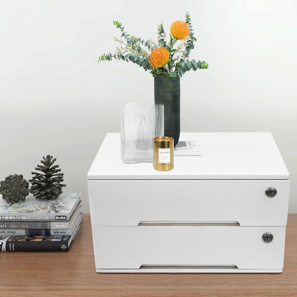 2-Drawer Desk Organizer Wood Desktop Storage Cabinet Table Lockable Home 4* Keys