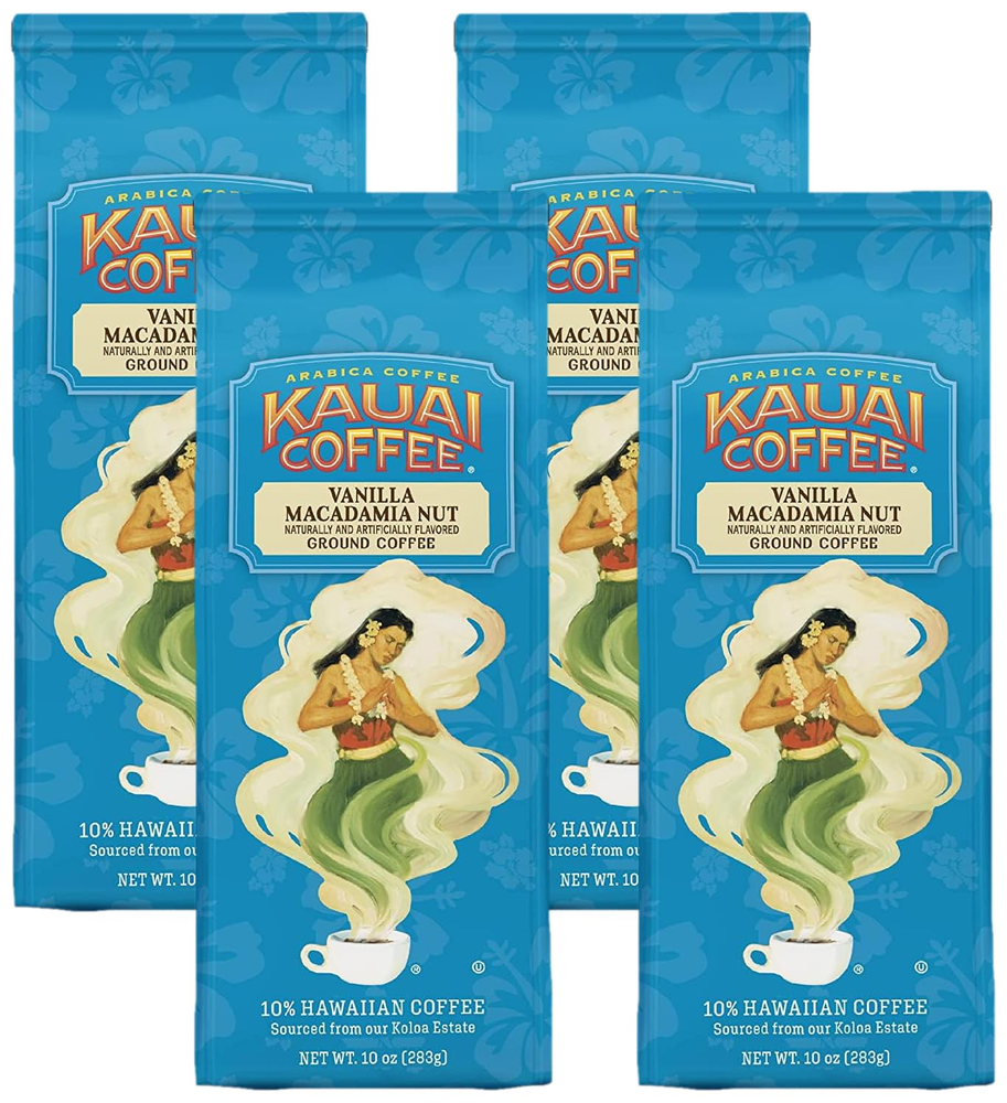 Hawaiian Ground Coffee, Vanilla Macadamia Nut Flavor, 10 oz, Pack of 4