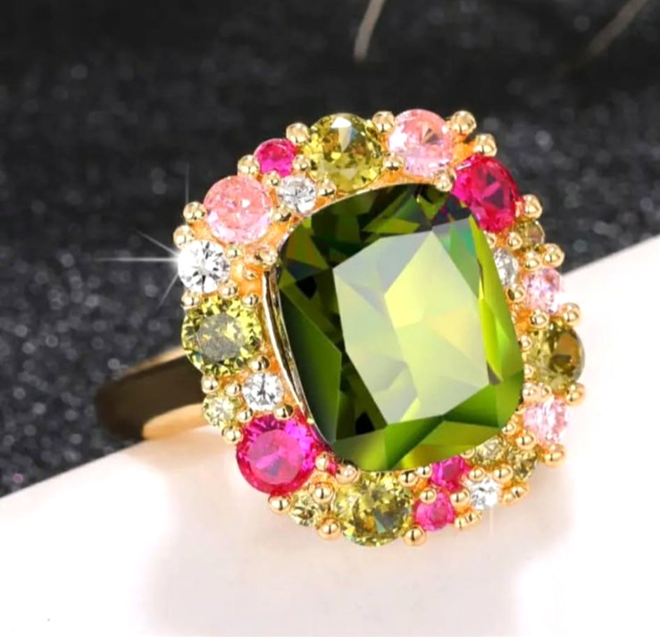 Green Emerald Cut and Pink Cubic Zirconias Halo Ring Size 7 Next Day Ship