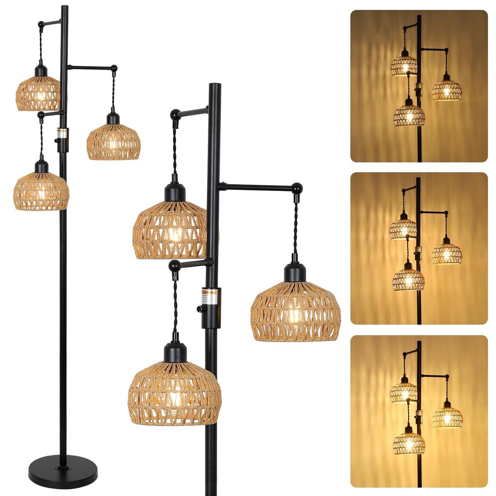 Rattan Floor Lamp, 3-Lights Boho Floor Lamp with Stepless Dimmer, Farmhouse R...