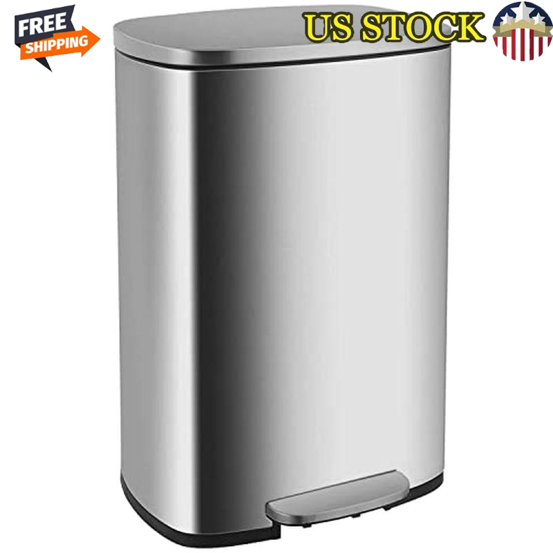 Stainless Steel 13 Gal Trash Can Slow Close Lid Easy Clean Indoor Space Saving