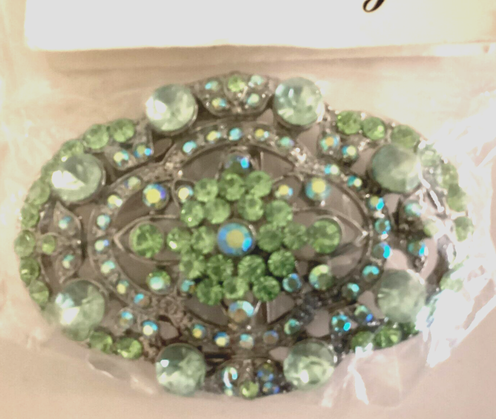 Crystal Green  Rhinestones 3” Silver Oval Belt Buckle New In Package