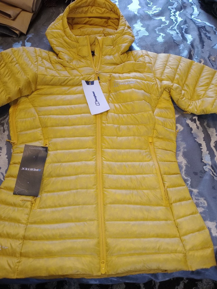 Berghaus Ladies Pertex Quantum Down Jacket Yellow Sz12 Hooded Full Zip Closure