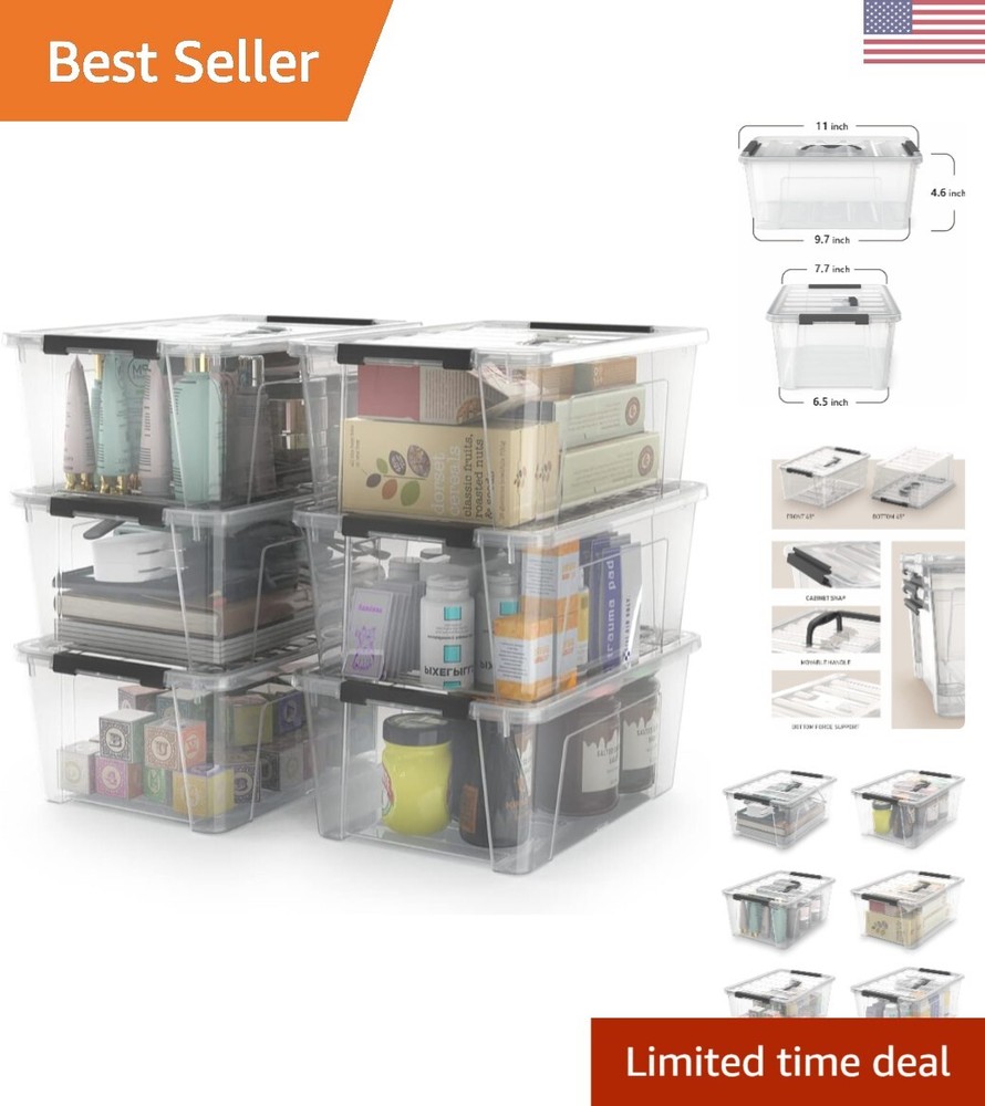 Shatterproof Plastic Storage Bins 6-Pack with Quick-Check Feature - Space-Saving