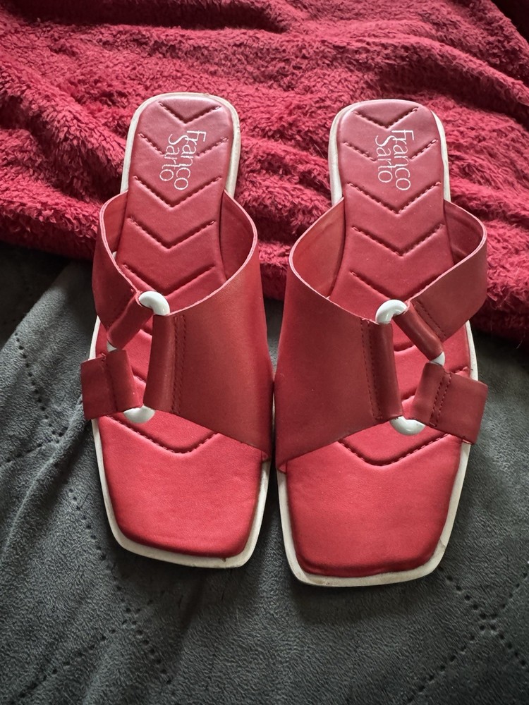 Women’s Franco Sarto Red Leather Flat Sandals With White Metal Accent Size 8.5