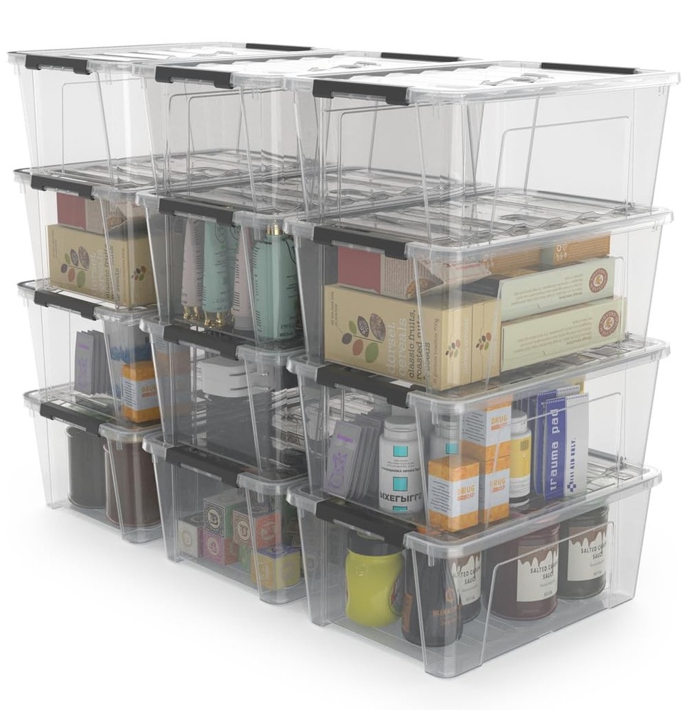12-Pack 5-Quart Clear Plastic Storage Bins with Lids and Latch Buckles