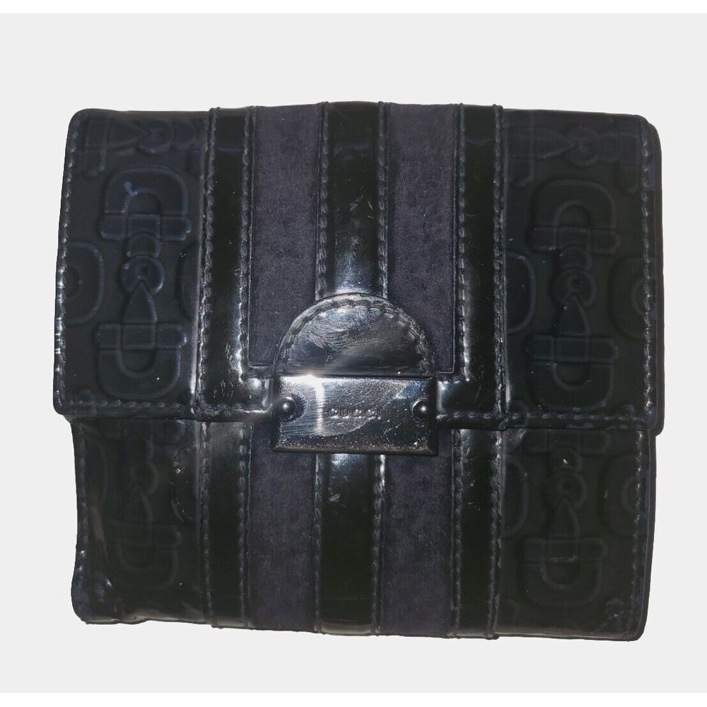 Gucci Black Patent Leather Monogram Stripe Compact Wallet
