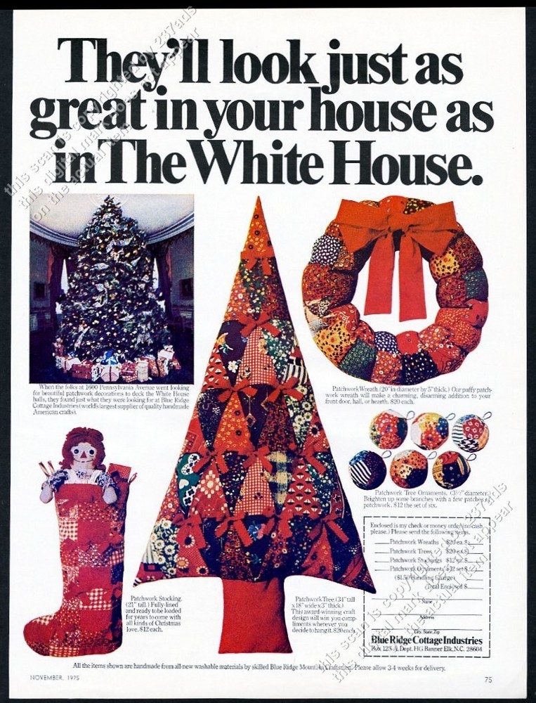 1975 Blue Ridge Cottage patchwork Christmas tree ornaments pix vintage print ad