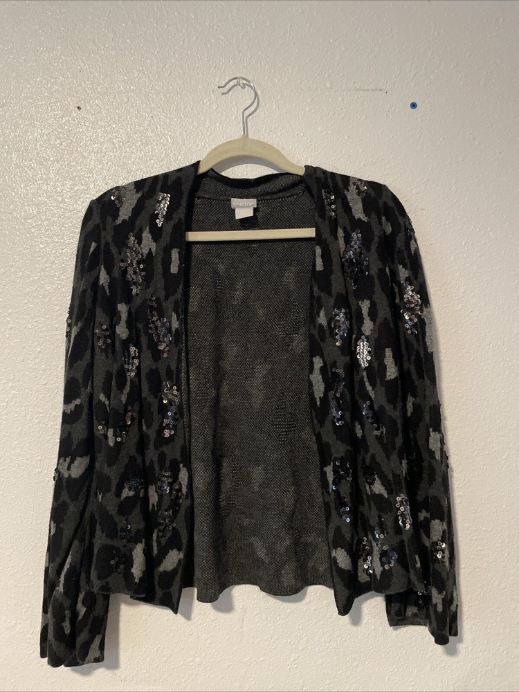 Chico's Size 1 Black Gray Sequin Leopard Accents Cozy Long Sleeve Open Cardigan