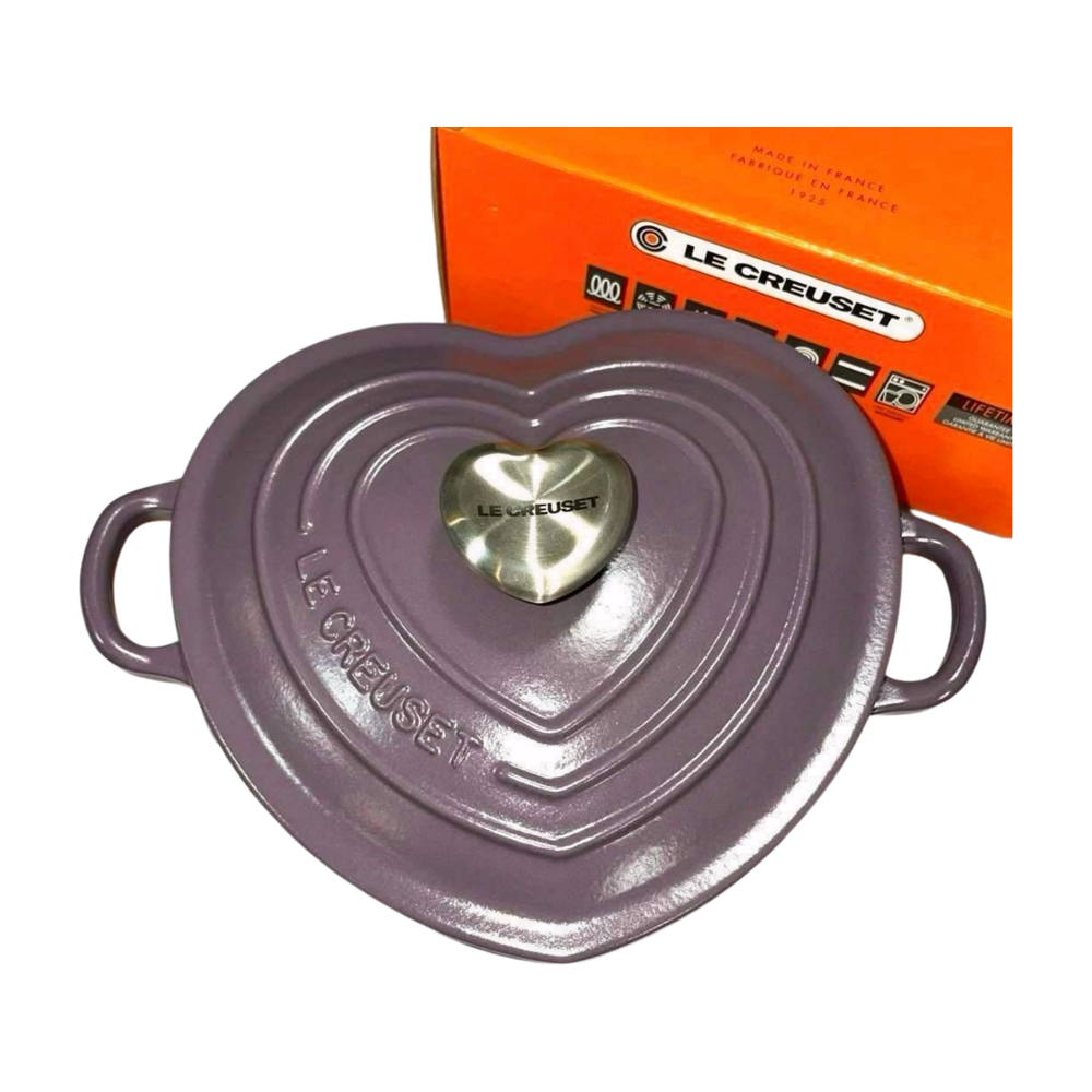 Le Creuset 20cm Amethyst Heart Cocotte with Silver Knob Unused