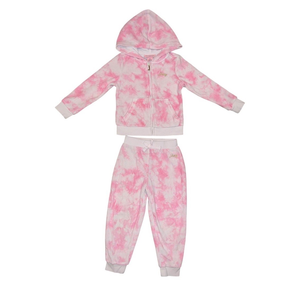 Juicy Couture Pink & White Tie-Dye Velour Tracksuit Zip Up & Joggers – Size 3T