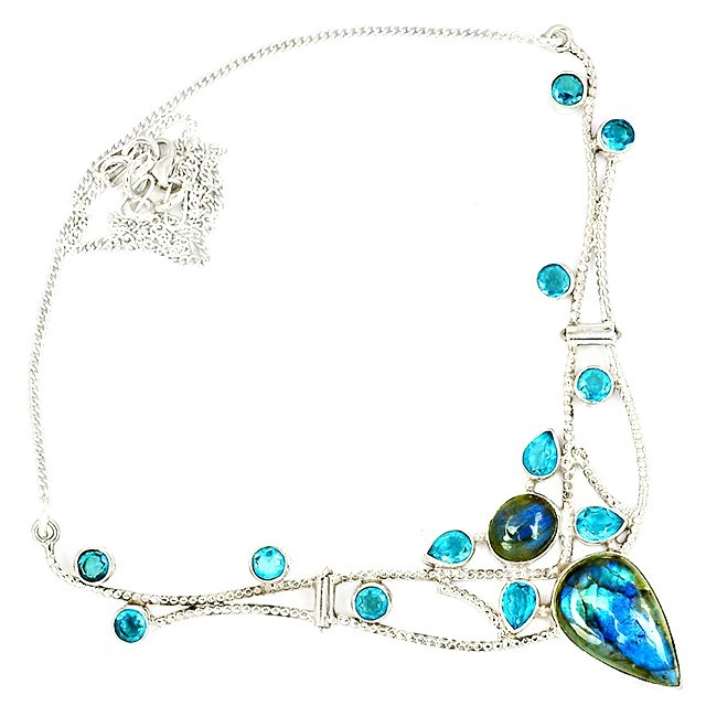 Natural Labradorite & Topaz 925 Solid Sterling Silver Necklace Jewelry @15-3