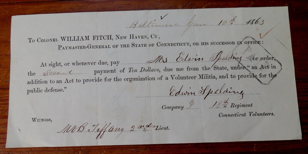 Civil War Payment Voucher for Edwin Spalding - 18th CT Regiment 1863-image