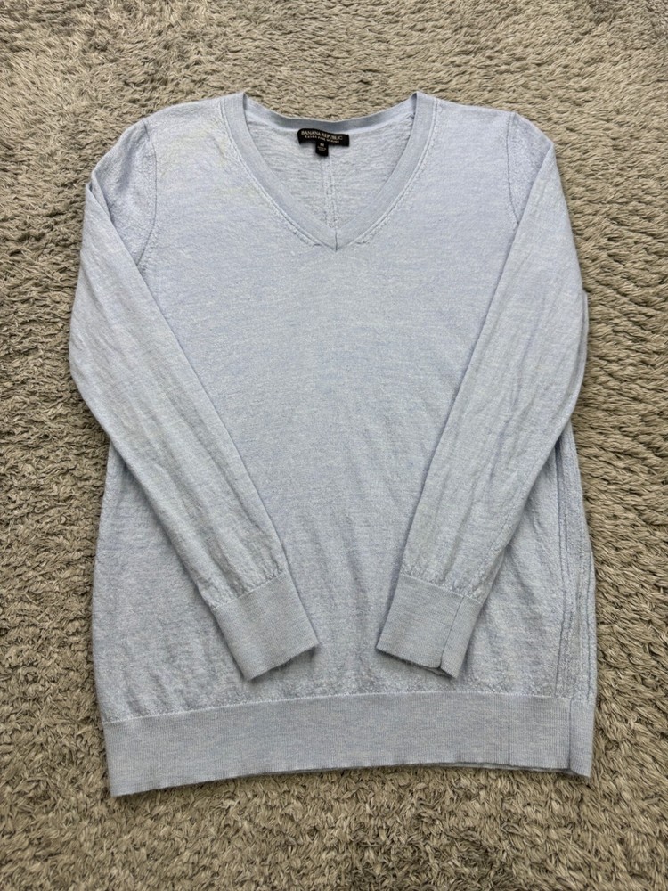Banana Republic Sweater Women Medium Blue Extra Fine Merino Wool V Neck Pullover