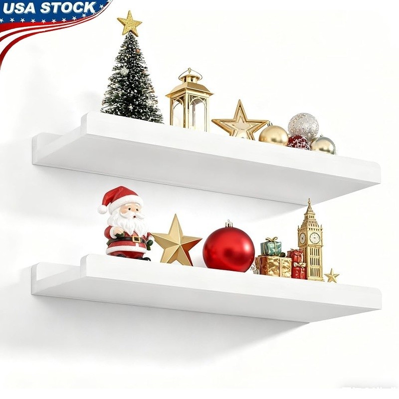 Rustic Floating Shelves Solid Wood Wall Mount Easy Install Storage 2 Set New