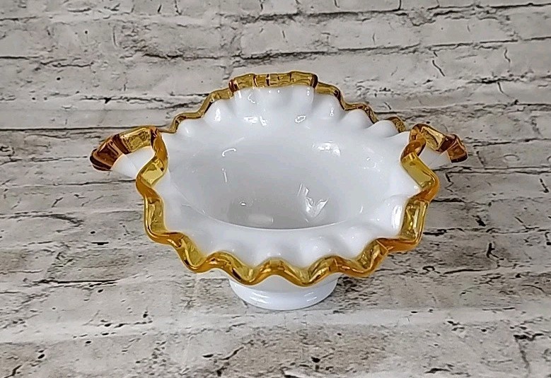 Fenton Style Milk Glass Gold Ribbon Edge Compote Bowl Trinket Dish 4” Tall