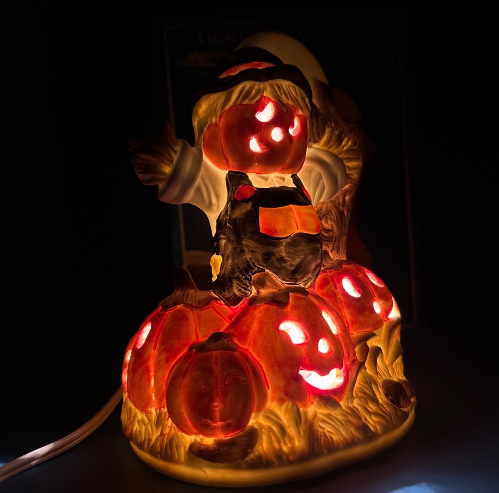 Lighted Scarecrow Halloween Ceramic Pumpkin & JOL 1989, Box