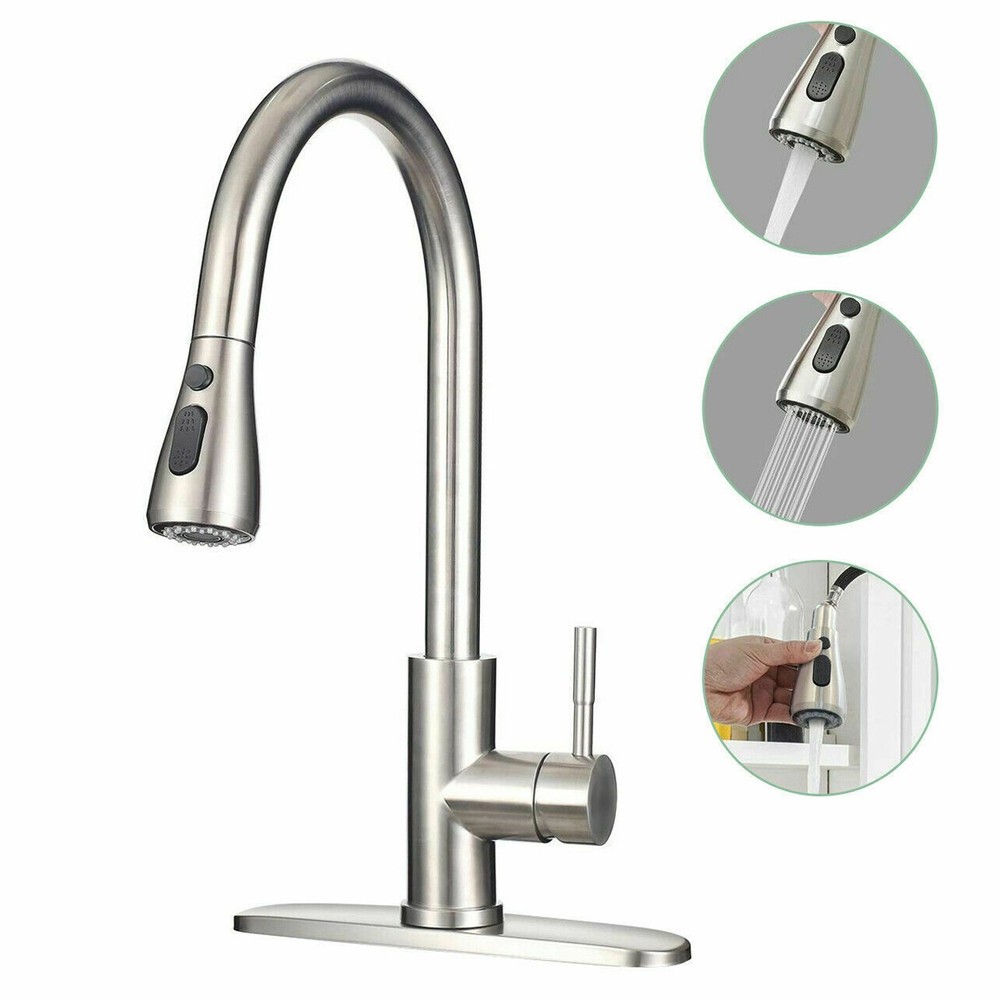 High Arc Stainless Steel Pull Out Kitchen Sink Faucet with Deck for Laundry Bar
