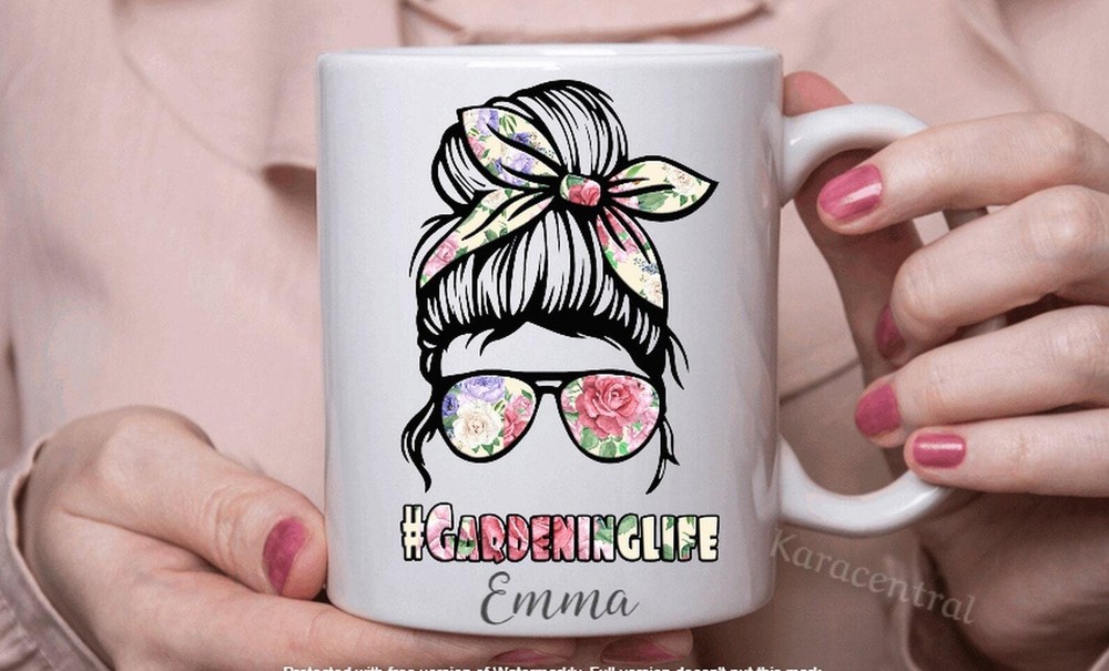 Personalised Gardening Mug Custom Messy Bun Style Coffee Tea Cup Gardening Gift