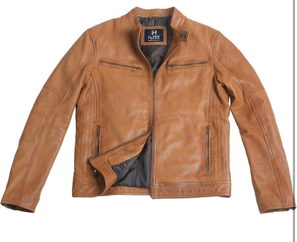 Brown Leather Jacket Men Waxed Vintage Biker Jacket Genuine Lambskin Size 2XL